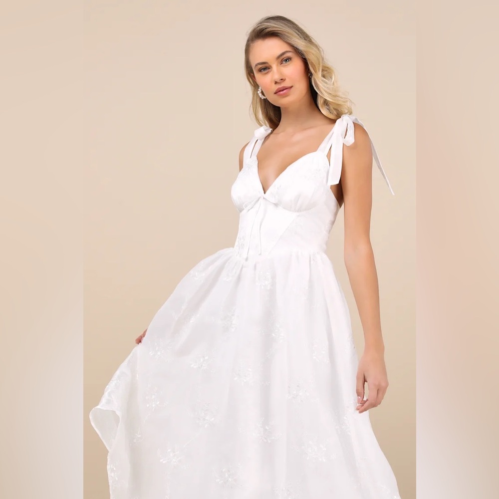 Lulus Aero White Embroidered Tie-Strap A-Line Midi Dress